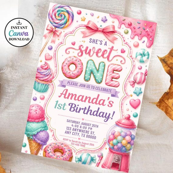 She's a Sweet One Birthday Invitation Template,Girl First Birthday Dessert Theme Invite,Sweet One Invite,Candy Birthday Party,Editable Canva