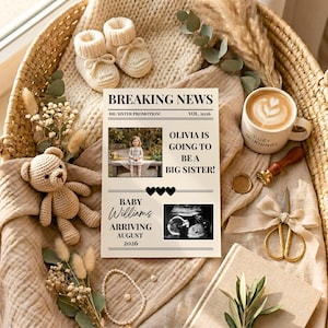 Könnte beinhalten: Eine Zeitungsanzeige mit der Überschrift "BREAKING NEWS" verkündet "OLIVIA WIRD GROSSE SCHWESTER!" und "BABY Williams ANKUNFT AUGUST 2026." Die Ankündigung ist von Babyschuhen, einem Teddybär und einer Kaffeetasse umgeben.