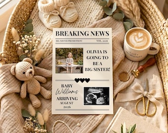 Zeitung Baby Ankündigung Digital, Zweite Baby Schwangerschaftansage, Geschwister Werbung Enthüllen, Geschlecht Neutral Social Media Vorlage