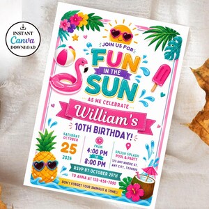 Fun in the Sun Birthday Invitation,Beach Theme Kids Party Invite,Pool Party Invite,Editable Canva Template,Digital Summer Birthday Download