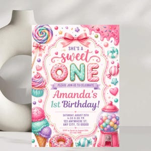 She's a Sweet One Birthday Invitation Template | Sweet One Invite | Candy Birthday Party | Pastel Watercolor First Birthday 
Sweet One Birthday Invitation Girl First Birthday Dessert Theme Invite Candy Donut Ice Cream Sweets Party Editable 1st Birthday Canva 
Editable Sweet One Birthday Invitation, Sweet One Invitation, 1st Birthday Invite, Dessert Invite, Candy Sweets Donut, Canva Template, Evite