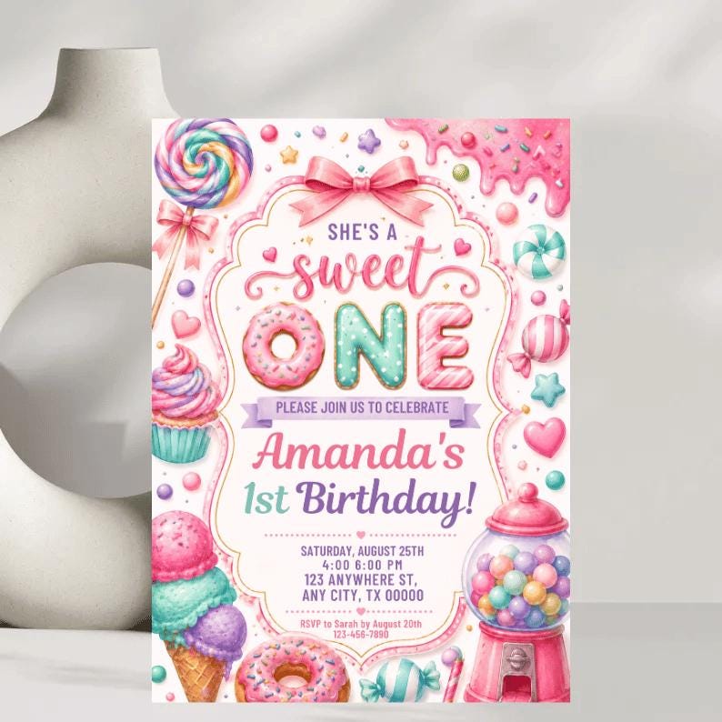 She's a Sweet One Birthday Invitation Template | Sweet One Invite | Candy Birthday Party | Pastel Watercolor First Birthday 
Sweet One Birthday Invitation Girl First Birthday Dessert Theme Invite Candy Donut Ice Cream Sweets Party Editable 1st Birthday Canva 
Editable Sweet One Birthday Invitation, Sweet One Invitation, 1st Birthday Invite, Dessert Invite, Candy Sweets Donut, Canva Template, Evite