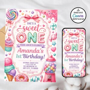 She's a Sweet One Birthday Invitation Template | Sweet One Invite | Candy Birthday Party | Pastel Watercolor First Birthday 
Sweet One Birthday Invitation Girl First Birthday Dessert Theme Invite Candy Donut Ice Cream Sweets Party Editable 1st Birthday Canva 
Editable Sweet One Birthday Invitation, Sweet One Invitation, 1st Birthday Invite, Dessert Invite, Candy Sweets Donut, Canva Template, Evite