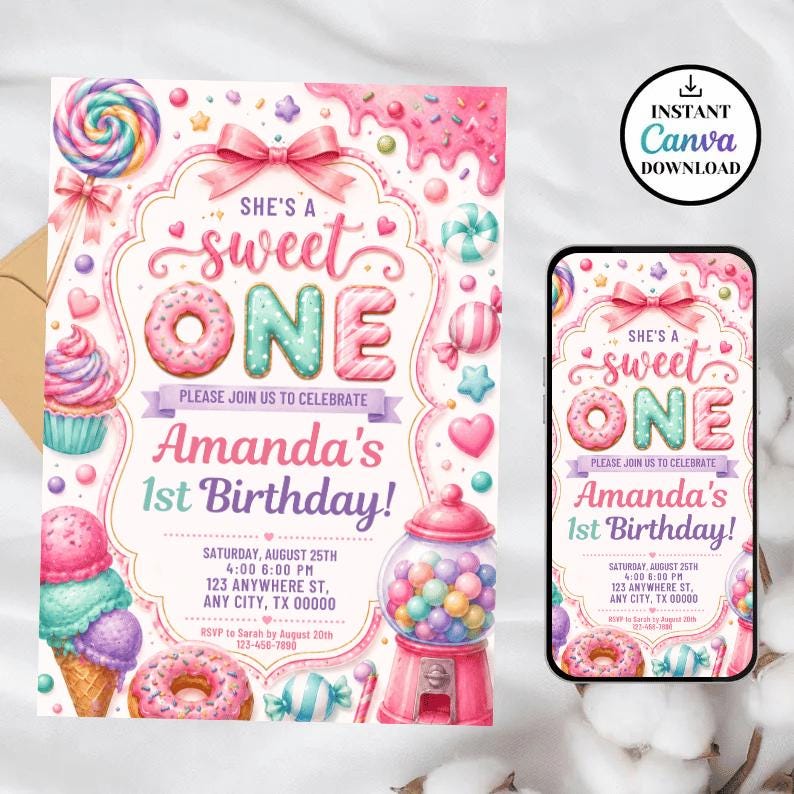 She's a Sweet One Birthday Invitation Template | Sweet One Invite | Candy Birthday Party | Pastel Watercolor First Birthday 
Sweet One Birthday Invitation Girl First Birthday Dessert Theme Invite Candy Donut Ice Cream Sweets Party Editable 1st Birthday Canva 
Editable Sweet One Birthday Invitation, Sweet One Invitation, 1st Birthday Invite, Dessert Invite, Candy Sweets Donut, Canva Template, Evite