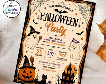 May include: A Halloween party invitation card featuring a cream background with black spiderwebs, two ghosts, a jack-o'-lantern, a black cat, and a haunted house. The text reads: YOU'RE INVITED TO A HALLOWEEN PARTY, JOIN US FOR A SPOOKTACULAR NIGHT.