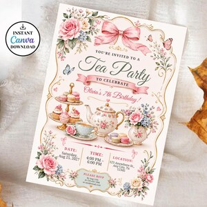 May include: A tea party invitation card featuring a pink bow, floral borders, a teapot, a tiered tray with macarons, and a teacup. Text includes: You're invited to a Tea Party to celebrate Olivia's 7th Birthday, Date: Saturday, Aug 25, 2027, Time: 4:00 PM - 6:00 PM, Location: 123 Anywhere St., Any City, TX 12345.