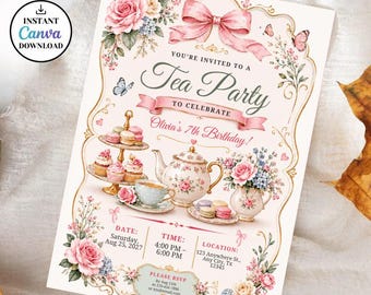 May include: A tea party invitation card featuring a pink bow, floral borders, a teapot, a tiered tray with macarons, and a teacup. Text includes: You're invited to a Tea Party to celebrate Olivia's 7th Birthday, Date: Saturday, Aug 25, 2027, Time: 4:00 PM - 6:00 PM, Location: 123 Anywhere St., Any City, TX 12345.