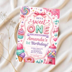 She's a Sweet One Birthday Invitation Template | Sweet One Invite | Candy Birthday Party | Pastel Watercolor First Birthday 
Sweet One Birthday Invitation Girl First Birthday Dessert Theme Invite Candy Donut Ice Cream Sweets Party Editable 1st Birthday Canva 
Editable Sweet One Birthday Invitation, Sweet One Invitation, 1st Birthday Invite, Dessert Invite, Candy Sweets Donut, Canva Template, Evite