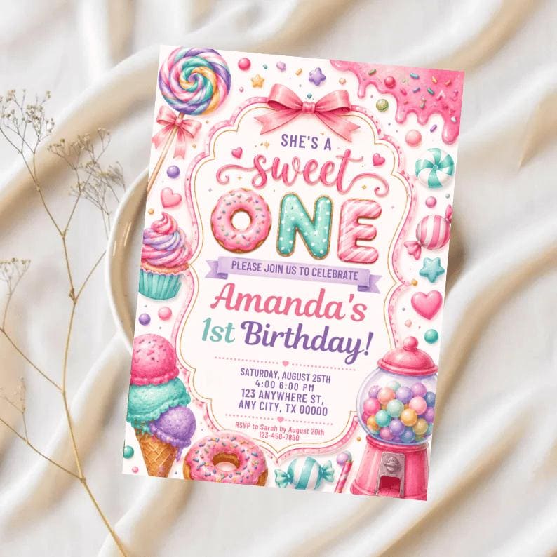 She's a Sweet One Birthday Invitation Template | Sweet One Invite | Candy Birthday Party | Pastel Watercolor First Birthday 
Sweet One Birthday Invitation Girl First Birthday Dessert Theme Invite Candy Donut Ice Cream Sweets Party Editable 1st Birthday Canva 
Editable Sweet One Birthday Invitation, Sweet One Invitation, 1st Birthday Invite, Dessert Invite, Candy Sweets Donut, Canva Template, Evite