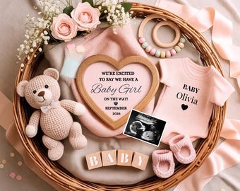 May include: A wicker basket holds baby announcement items. A heart-shaped frame with text announces "Baby Girl" and "September 2026." A teddy bear, onesie, booties, and ultrasound image are included. Pink and white flowers and wooden blocks spell "BABY."