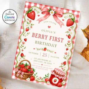 May include: A birthday invitation card featuring a red and white gingham border, a pink ribbon, and strawberry illustrations. The text reads: Olivia's Berry First Birthday, October 25, 04.00 PM, 123 Anywhere St, Any City, TX 12345, RSVP to Mom.