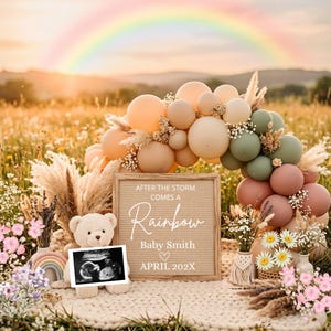 Boho Rainbow Baby Pregnancy Announcement Digital,Editable Minimalist Rainbow Neutral Baby Reveal Template Canva,Social Media announcement