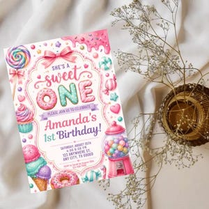 She's a Sweet One Birthday Invitation Template | Sweet One Invite | Candy Birthday Party | Pastel Watercolor First Birthday 
Sweet One Birthday Invitation Girl First Birthday Dessert Theme Invite Candy Donut Ice Cream Sweets Party Editable 1st Birthday Canva 
Editable Sweet One Birthday Invitation, Sweet One Invitation, 1st Birthday Invite, Dessert Invite, Candy Sweets Donut, Canva Template, Evite