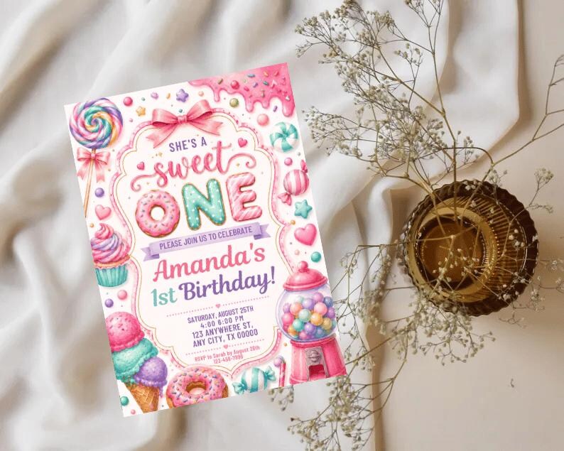 She's a Sweet One Birthday Invitation Template | Sweet One Invite | Candy Birthday Party | Pastel Watercolor First Birthday 
Sweet One Birthday Invitation Girl First Birthday Dessert Theme Invite Candy Donut Ice Cream Sweets Party Editable 1st Birthday Canva 
Editable Sweet One Birthday Invitation, Sweet One Invitation, 1st Birthday Invite, Dessert Invite, Candy Sweets Donut, Canva Template, Evite