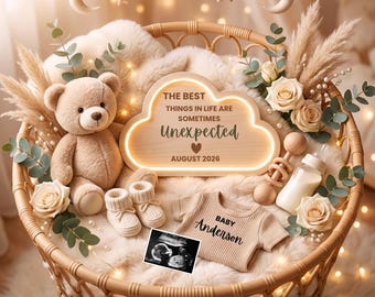 May include: A rattan bassinet filled with a plush teddy bear, cream-colored baby booties, a beige onesie labeled Baby Anderson, an ultrasound photo, a wooden rattle, a baby bottle, white roses, pampas grass, and a glowing cloud-shaped sign.