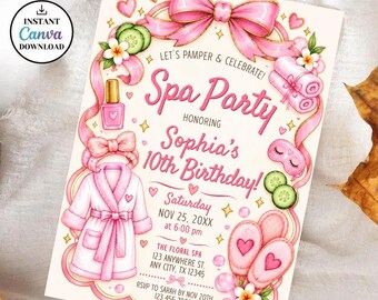 May include: A rectangular invitation card featuring a large pink bow at the top, a pink bathrobe, nail polish, slippers, and cucumber slices. The text reads: Let's Pamper & Celebrate Spa Party Honoring Sophia's 10th Birthday Saturday Nov 25, 20XX at 6:00 pm The Floral Spa 123 Anywhere St. Any City, TX 12345 Rsvp to Sarah by Nov 20th 123 456 7890.
