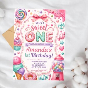 She's a Sweet One Birthday Invitation Template | Sweet One Invite | Candy Birthday Party | Pastel Watercolor First Birthday 
Sweet One Birthday Invitation Girl First Birthday Dessert Theme Invite Candy Donut Ice Cream Sweets Party Editable 1st Birthday Canva 
Editable Sweet One Birthday Invitation, Sweet One Invitation, 1st Birthday Invite, Dessert Invite, Candy Sweets Donut, Canva Template, Evite