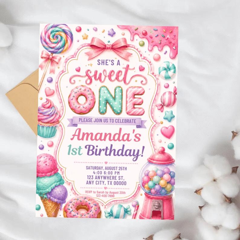 She's a Sweet One Birthday Invitation Template | Sweet One Invite | Candy Birthday Party | Pastel Watercolor First Birthday 
Sweet One Birthday Invitation Girl First Birthday Dessert Theme Invite Candy Donut Ice Cream Sweets Party Editable 1st Birthday Canva 
Editable Sweet One Birthday Invitation, Sweet One Invitation, 1st Birthday Invite, Dessert Invite, Candy Sweets Donut, Canva Template, Evite