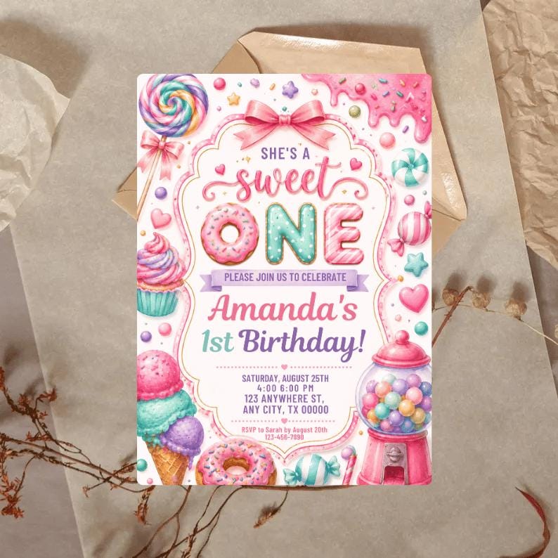 She's a Sweet One Birthday Invitation Template | Sweet One Invite | Candy Birthday Party | Pastel Watercolor First Birthday 
Sweet One Birthday Invitation Girl First Birthday Dessert Theme Invite Candy Donut Ice Cream Sweets Party Editable 1st Birthday Canva 
Editable Sweet One Birthday Invitation, Sweet One Invitation, 1st Birthday Invite, Dessert Invite, Candy Sweets Donut, Canva Template, Evite