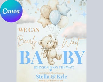 May include: Baby shower invitation with a watercolor design. A teddy bear holds balloons, with text that reads "We Can Bearly Wait BABY". The invitation includes details for Stella & Kyle's baby shower, with a light blue and beige color scheme.