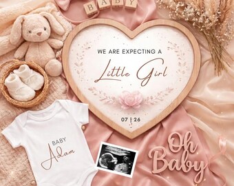 May include: A baby announcement scene with a heart-shaped wooden sign that reads "We are expecting a Little Girl." The scene includes a white onesie with "Baby Adam" printed on it, a plush bunny, baby booties, and a sonogram.
