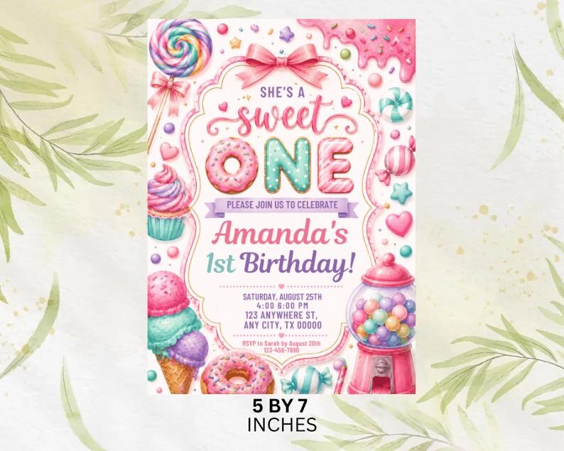 She's a Sweet One Birthday Invitation Template | Sweet One Invite | Candy Birthday Party | Pastel Watercolor First Birthday 
Sweet One Birthday Invitation Girl First Birthday Dessert Theme Invite Candy Donut Ice Cream Sweets Party Editable 1st Birthday Canva 
Editable Sweet One Birthday Invitation, Sweet One Invitation, 1st Birthday Invite, Dessert Invite, Candy Sweets Donut, Canva Template, Evite