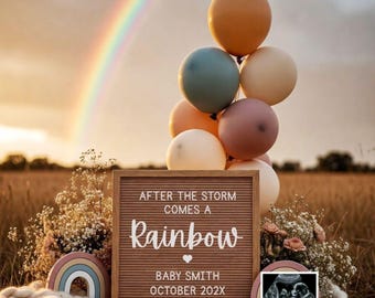 Faire-part de grossesse bébé arc-en-ciel bohème numérique, modèle de faire-part de grossesse neutre arc-en-ciel minimaliste modifiable Canva, faire-part sur les réseaux sociaux