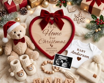 Christmas Pregnancy Announcement Digital Template, I'll Be Home For Christmas Baby Reveal, Neutral Pregnancy Announcement Canva Template