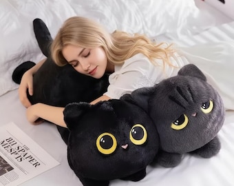 Kawaii Black Cat Plush Toy 45cm – Cute Big Cuddly Pillow Cushion, Handmade Stuffed Animal Gift for Boy or Girl