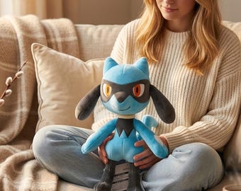 Lucario Plush, Pokemon Inspired Plush Toy, Anime Plushie, Gamer Gift, Blue Fighting Creature Plush, Collector Toy, Gift for Pokemon Fans