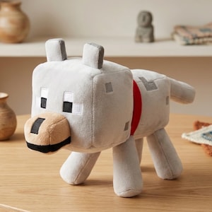 Peluche di lupo di Minecraft, cane addomesticato, animale di peluche ispirato al gioco pixel, compagno animale, regalo per giocatori, decorazione per la cameretta dei bambini