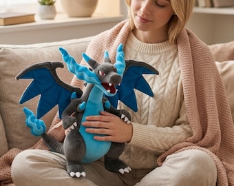Mega Charizard X Plush, Pokemon Inspired Plush Toy, Blue Flame Dragon Plush, Anime Plushie, Gamer Gift, Black Dragon Plush, Collector Toy