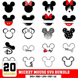 May include: A collection of 20 Mickey Mouse SVG designs in black, red, and white. The designs include Mickey Mouse heads, bows, and the Disney logo. The text "MICKEY MOUSE SVG BUNDLE" is also present.