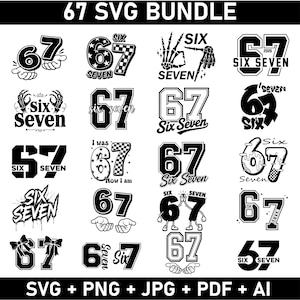 以下が含まれることがあります： 「67 SVG BUNDLE」のテキストが入った白黒のグラフィックバンドル。画像には、「6」と「7」の数字を組み合わせた様々なデザインが特徴で、「Six」と「Seven」の単語がデザインに組み込まれています。形式：SVG、PNG、JPG、PDF、AI。