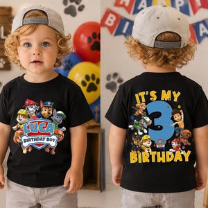 Personalized Puppy Patrol 3rd Birthday Boy Shirt, Custom Name Double Sided Birthday Outfit, Puppy Party Birthday Tee for Boys