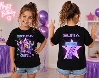 May include: A black t-shirt featuring a front graphic with three animated characters, stars, and the text "BIRTHDAY GIRL" in purple and blue. The back graphic displays a large purple and blue glittery number "7" inside a star with the name "SURA" above.