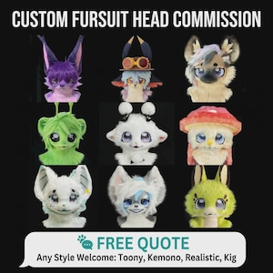 Puede incluir: Una colección de cabezas de fursuit personalizadas en varios estilos. La imagen presenta nueve diseños diferentes, incluyendo un conejo morado y rosa, un zorro marrón y una criatura verde. El texto dice "CUSTOM FURSUIT HEAD COMMISSION" y "FREE QUOTE".
