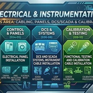 May include: A graphic with the title "ELECTRICAL & INSTRUMENTATION" and subtopics including cabling, panels, and calibration. The image is divided into sections with titles like "Cabling & Distribution" and "Services & Commissioning."