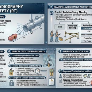 Op de afbeelding: Infographic over MS Radiografie Veiligheid (RT) met secties over context, planning, rollen en noodprocedures. Bevat diagrammen van apparatuur, personeel en veiligheidsprotocollen. Tekst bevat "Radiation Hazard" en "Emergency & Rescue Plan."