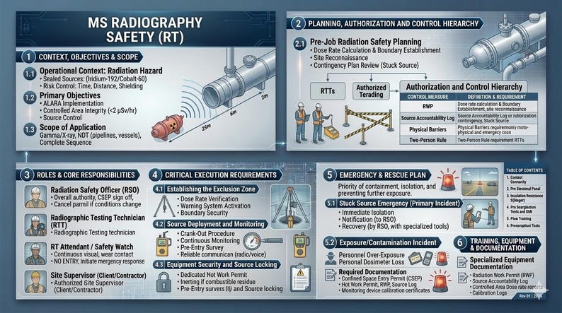 Op de afbeelding: Infographic over MS Radiografie Veiligheid (RT) met secties over context, planning, rollen en noodprocedures. Bevat diagrammen van apparatuur, personeel en veiligheidsprotocollen. Tekst bevat "Radiation Hazard" en "Emergency & Rescue Plan."