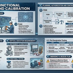 Op de afbeelding: Diagram met MS Functionele Testing en Kalibratie, met secties over context, planning, rollen en vereisten. Bevat stroomdiagrammen, illustraties van apparatuur en veiligheidsrichtlijnen.