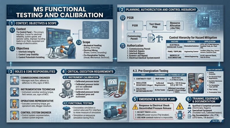 Op de afbeelding: Diagram met MS Functionele Testing en Kalibratie, met secties over context, planning, rollen en vereisten. Bevat stroomdiagrammen, illustraties van apparatuur en veiligheidsrichtlijnen.