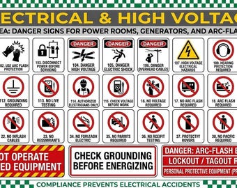 Elektrische veiligheidssignalisatie en hoogspanningsborden | Gevarenborden vlamboog, energieruimte en generator