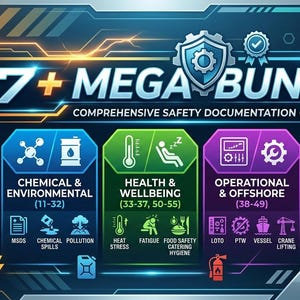 Op de afbeelding: Een digitale afbeelding met de tekst "67+ MEGA BUNDLE" en "Comprehensive Safety Documentation Collection". De afbeelding is verdeeld in secties met details over fysieke, mechanische, chemische, milieu-, gezondheids-, welzijns-, operationele, offshore-, gedrags- en noodonderwerpen.