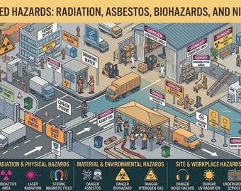 Bundel Gespecialiseerde HSE-borden voor gevaren | Waarschuwingen voor straling, asbest, biologisch gevaar en nicherisico's
