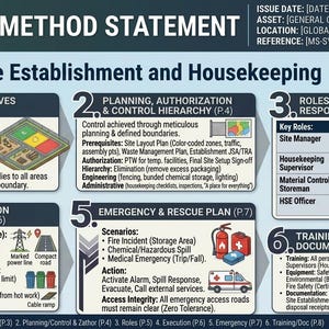 Op de afbeelding: Een HSE-methodeverklaring-afbeelding met secties over site-etablissement, planning, noodplannen en training. De afbeelding bevat diagrammen, tekst en pictogrammen met betrekking tot veiligheid en afvalbeheer. Het document voldoet aan ISO.