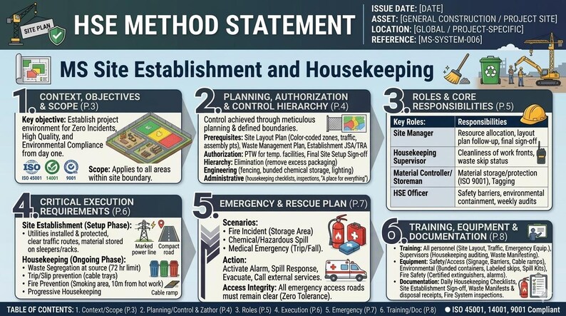 Op de afbeelding: Een HSE-methodeverklaring-afbeelding met secties over site-etablissement, planning, noodplannen en training. De afbeelding bevat diagrammen, tekst en pictogrammen met betrekking tot veiligheid en afvalbeheer. Het document voldoet aan ISO.