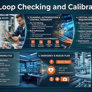 Op de afbeelding: Infographic getiteld "MS Loop Checking and Calibration" met secties over context, planning, vereisten, rollen en noodplannen. Bevat een foto van een technicus die met draden en een meter werkt.