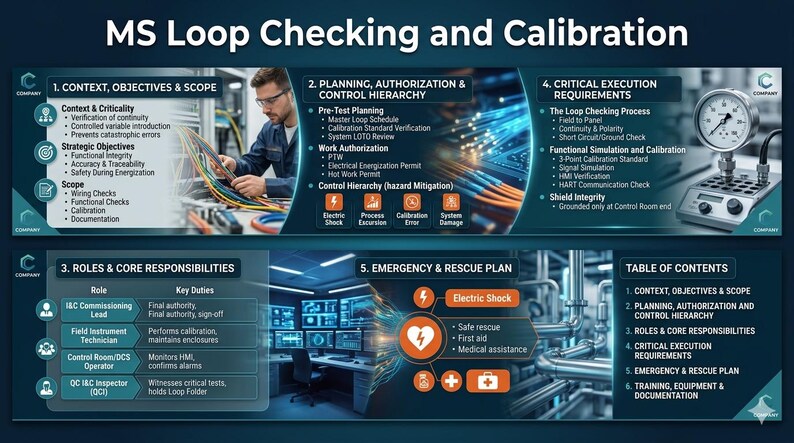 Op de afbeelding: Infographic getiteld "MS Loop Checking and Calibration" met secties over context, planning, vereisten, rollen en noodplannen. Bevat een foto van een technicus die met draden en een meter werkt.