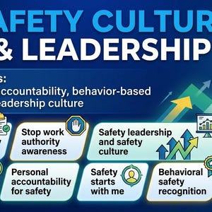 Può includere: Grafica su "SAFETY CULTURE & LEADERSHIP" con aree di interesse come mentalità e responsabilità. L'immagine presenta icone e frecce che illustrano argomenti di sicurezza come la consapevolezza e la segnalazione.